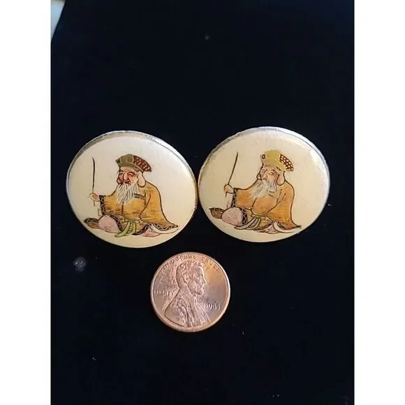 VINTAGE SATSUMA STYLE CUFFLINKS GOLD HAND PAINTED CERAMIC 7 Lucky Gods Estate